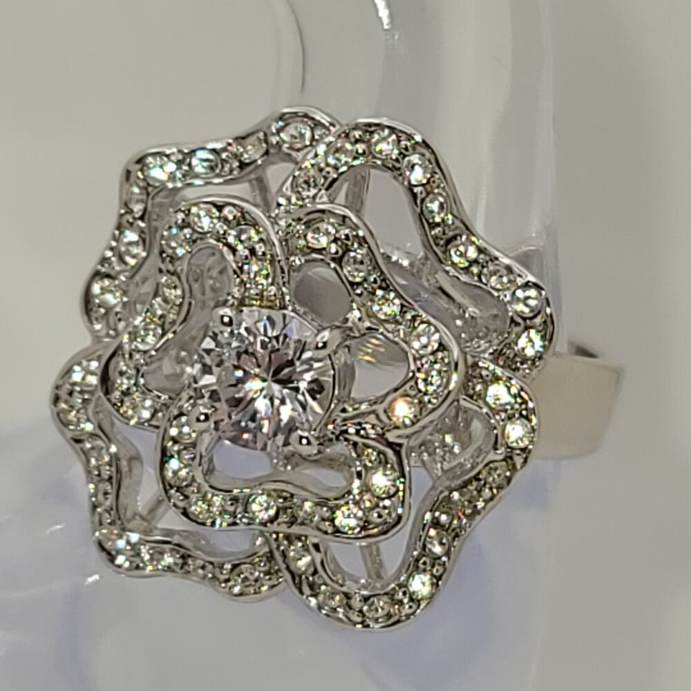Vintage Nolan Miller Silver-tone Cubic Zirconia Floral Statement Ring